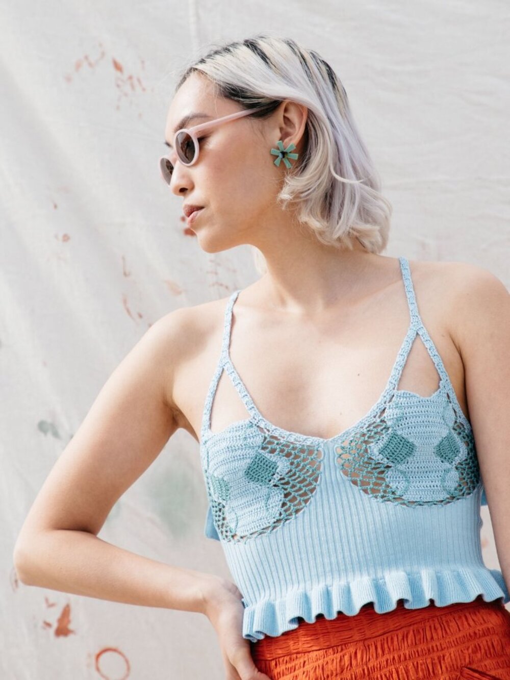 HOUSE OF SUNNY Palma crochet stretch knit ruffle crop top